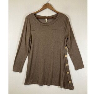 Boho Lagenlook IGENJUN Women Medium Brown Side Button Asymmetrical Tunic Top